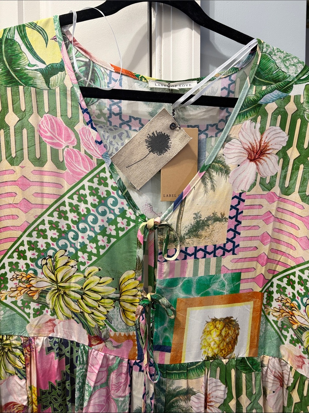 Printed V-Neck Floral Patchwork Swim Coverup in Green and Pink - Picture 4 of 4